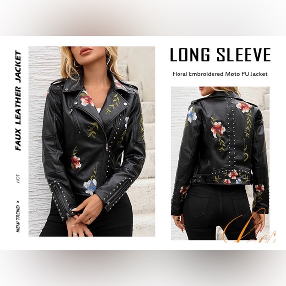 Women's Floral Embroidered Faux Leather Moto Jacket - Picture 4 of 5